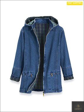 Flannel Lined Denim Jacket with Detachable Hood, Zip Front, Side Pockets, 100%